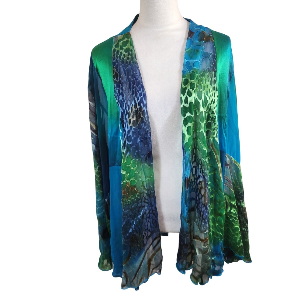 Simply Silk Womens 2X Blue Green Animal Print Silk Chiffon Open Front Kimono